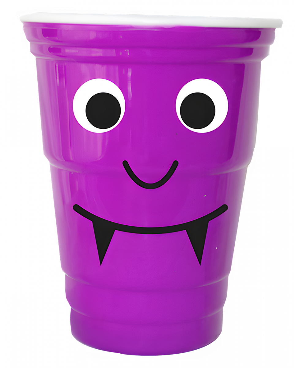 Lila Vampir Trinkbecher mit Wackelaugen für Halloween von Karneval Universe