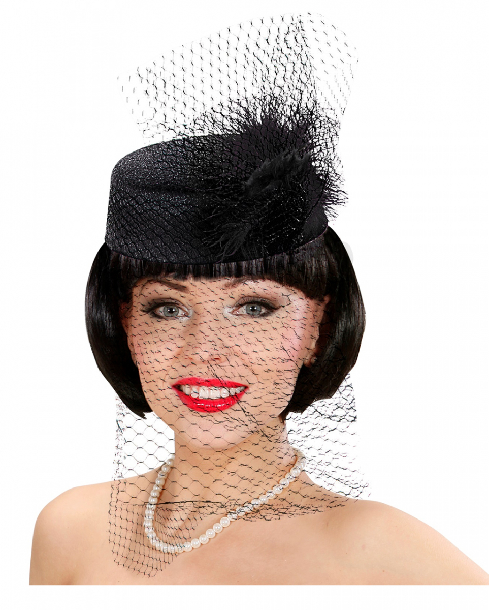 Pillbox Hut Jackie schwarz mit Federn für Fasching von Karneval Universe
