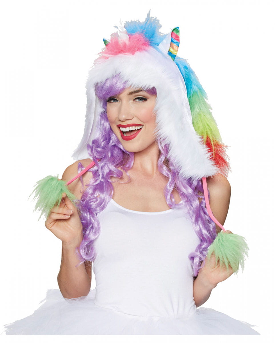 Regenbogen Einhorn Kapuze mit Pom Poms kaufen von Karneval Universe