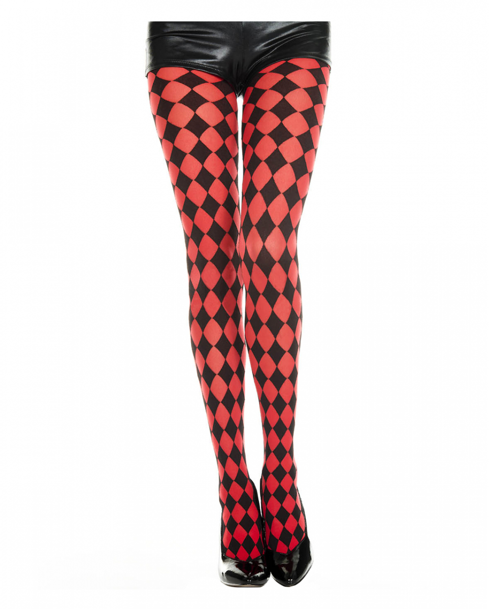Schwarz-rote Harlekin Strumpfhose als Verkleidungs-Accessoire von Karneval Universe