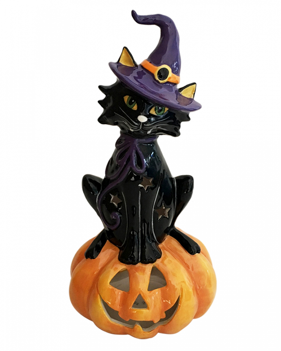 Schwarze Katze auf Halloween Kürbis Teelichthalter 29cm ★ von Karneval Universe