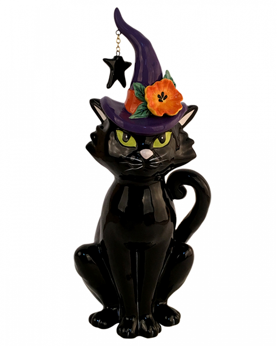 Schwarze Katze mit Hexenhut Keramik Figur 31cm ★ von Karneval Universe