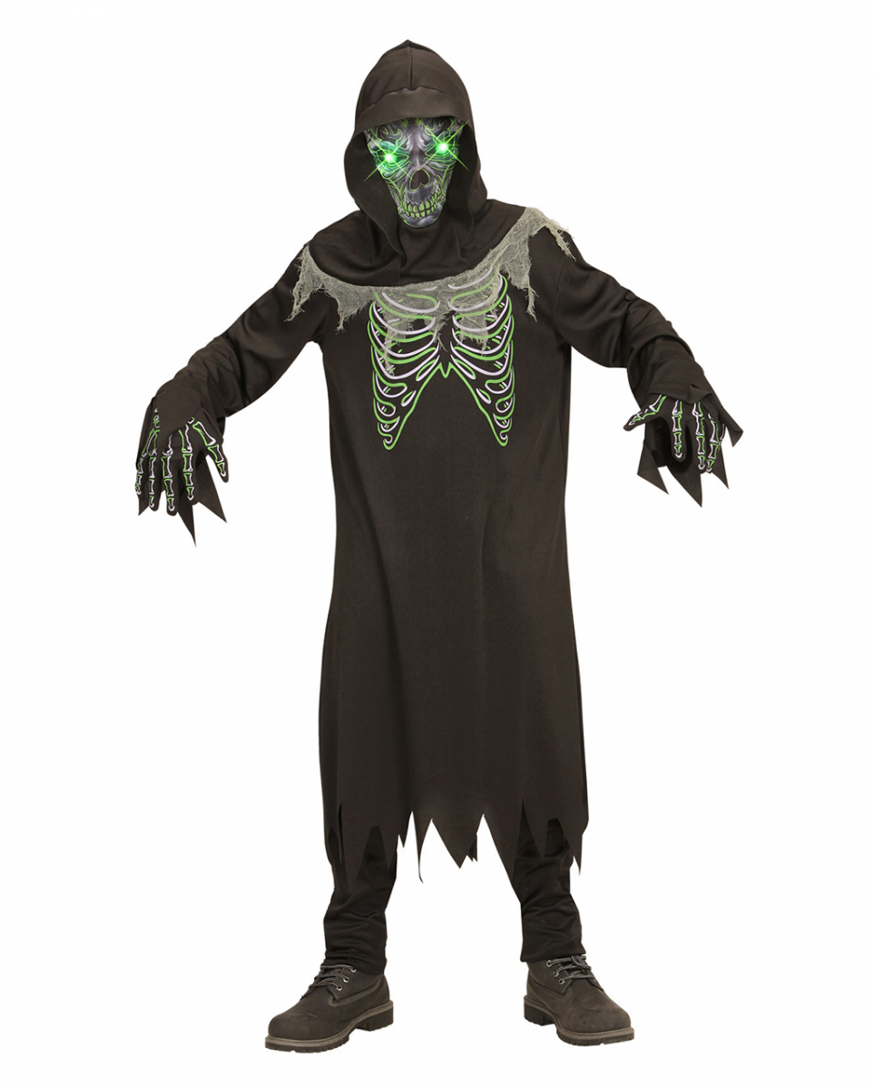 Sensenmann Kostüm für Kinder mit grünen LED Augen für Halloween M 140 von Karneval Universe