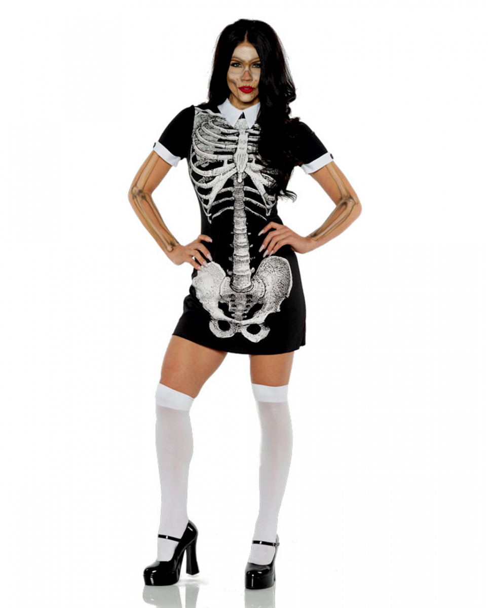 Skelett Kurzarmkleid mit Kragen für Halloween M von Karneval Universe