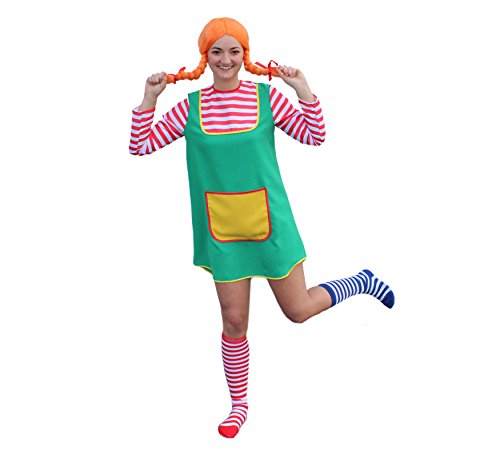 KarnevalsTeufel.de 3-tlg. Kostüm-Set Karlinchen für Erwachsene bestehend aus Kostüm, Perücke in orange und zweifarbigen Overknee-Strümpfen (Set 1 - Größe 38) von KarnevalsTeufel.de
