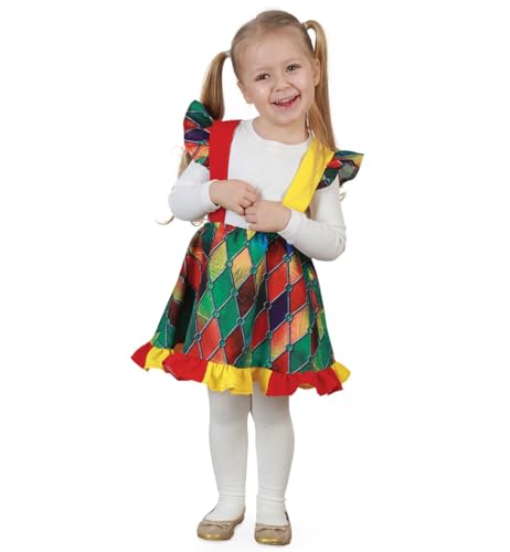 KarnevalsTeufel Buntes Kinder Trägerrock Kostüm, knielang, mehrfarbig, Klettverschluss, Rüschen, Clownskostüm, verschiedene Größen (92) von KarnevalsTeufel.de