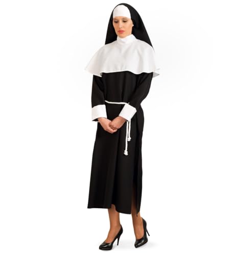 KarnevalsTeufel Damenkostüm Nonne – Authentisches Ordensschwester-Outfit in Schwarz-Weiß mit Kopfbedeckung und Kordel, Kloster-Look, für Verkleidungen aller Art (38) von KarnevalsTeufel.de