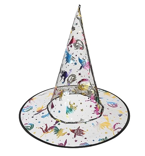KarnevalsTeufel Hexenhut bunt transparent für Halloween mit Holodruck Katze Hexe Fledermaus Stern Kürbis Zaubererhut von KarnevalsTeufel.de