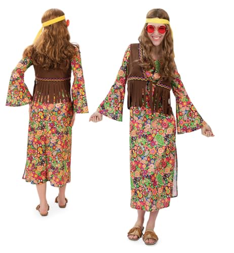 KarnevalsTeufel Hippie Kostüm Erwachsene Damen oder Herren – 70er Jahre Outfit mit Buntem Blumenmuster & Brauner Fransenweste – Flower Power Verkleidung (Damen, 42) von KarnevalsTeufel.de