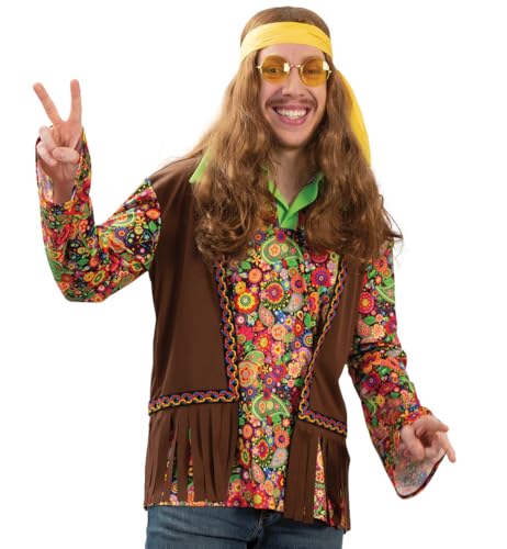 KarnevalsTeufel Hippie Kostüm Erwachsene Damen oder Herren – 70er Jahre Outfit mit Buntem Blumenmuster & Brauner Fransenweste – Flower Power Verkleidung (Herren, L) von KarnevalsTeufel.de