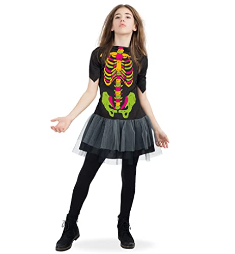 KarnevalsTeufel Kinder Skelett Kostüm Kleid bunt nachtleuchtend für Mädchen GID Halloween Monster Knochen Verkleiden für viele Gelegenheiten (152) von KarnevalsTeufel.de