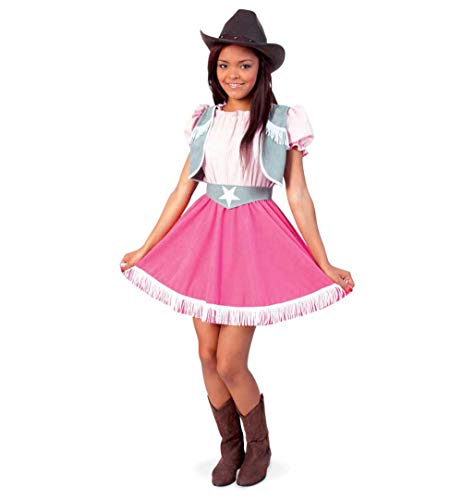 KarnevalsTeufel Kinderkostüm Cowgirl 2-teilig Kleid in rosa-pink mit grau & Gürtel Wilder Westen Lady Western-Verkleidung Reiterin (Gr. 152) von KarnevalsTeufel.de