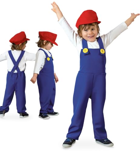 KarnevalsTeufel Kinderkostüm Klempner-Latzhose in blau mit roter Mütze – Blaues Outfit für kleine Handwerker, Gr. 104-128, Partyoutfit, charakteristisches Design (104) von KarnevalsTeufel.de