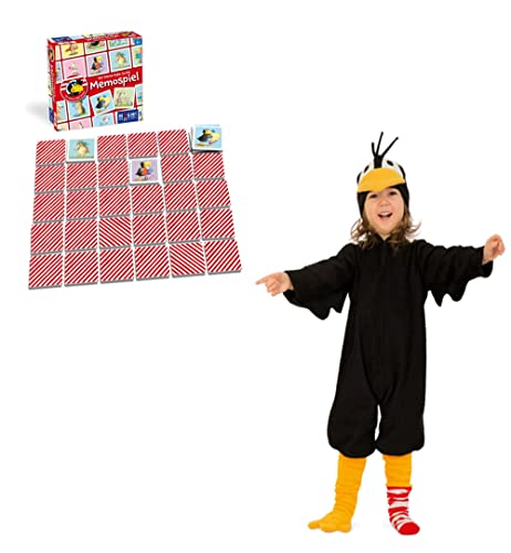 KarnevalsTeufel Kinderkostüm Set Der kleine Rabe Socke Overall & Mütze inklusive Spiel Auswahlmöglichkeiten Mau-Mau Memo-Spiel Puzzle Kinderspiel Kostüm (Memo-Spiel, 104) von KarnevalsTeufel.de