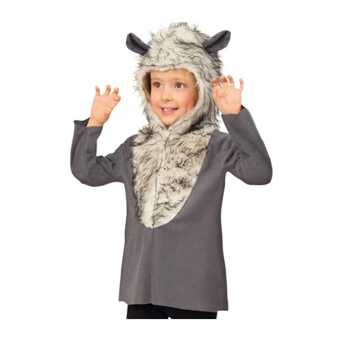 KarnevalsTeufel Kinderkostüm Wolf Oberteil mit Kapuze in grau-weiß mit Wolfsohren Tierkostüm Bestie 2 Größen (116) von KarnevalsTeufel.de