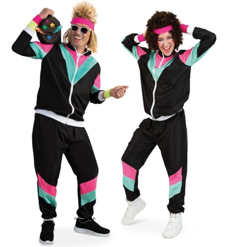KarnevalsTeufel Kostüm Outfit 80er Jahre Retro Proll Trainingsanzug, schwarz Damen/Herren Sportanzug für Mottopartys & Bad Taste Events (S) von KarnevalsTeufel.de