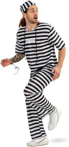 KarnevalsTeufel Kostüm Outfit "Sträfling" 3-tlg. Oberteil kurzarm, Hose, Mütze, Gefangener, Häftling Verbrecher, schwarz-​weiß gestreift (XL) von KarnevalsTeufel.de