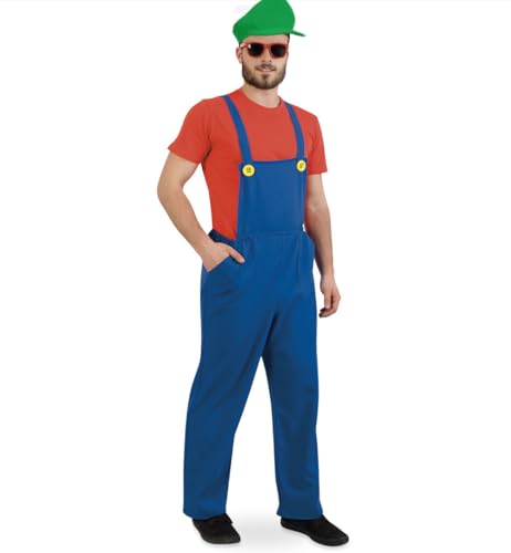 KarnevalsTeufel Kostüm Outfit für Erwachsene Latzhose blau mit Mütze rot oder grün, Videospielcharakter Klempner Let´s Go (Mütze Grün, L) von KarnevalsTeufel.de