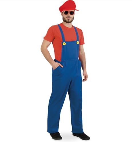 KarnevalsTeufel Kostüm Outfit für Erwachsene Latzhose blau mit Mütze rot oder grün, Videospielcharakter Klempner Let´s Go (Mütze Rot, XL) von KarnevalsTeufel.de
