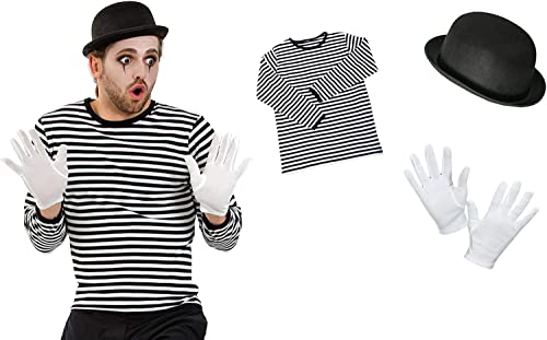 KarnevalsTeufel Kostüm-Set Pantomime, 3 tlg. Zirkusclown Harlekin Straßenkünstler Shirt Handschuhe Hut Kostüm-Bundle Komplettset (X-Large) von KarnevalsTeufel.de