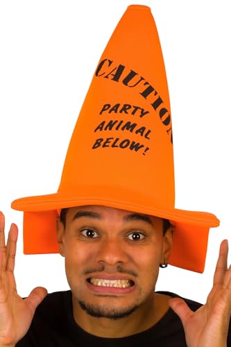 KarnevalsTeufel Pylone Partyhut "Caution – Party Animal Below!" Lustiger Verkehrskegel-Hut in Neonorange Auffälliges Accessoire Party Gadget von KarnevalsTeufel.de