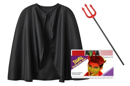 KarnevalsTeufel Teufel Kostüm – Umhang mit Dreizack & Schmink-Set – Größen 98, 104/116, 128/140 (104/116) von KarnevalsTeufel.de