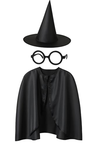 KarnevalsTeufel Zauberer Kostüm Set – Magier Umhang mit Hut & Brille in Schwarz – Größen 98, 104/116, 128/140 (98) von KarnevalsTeufel.de