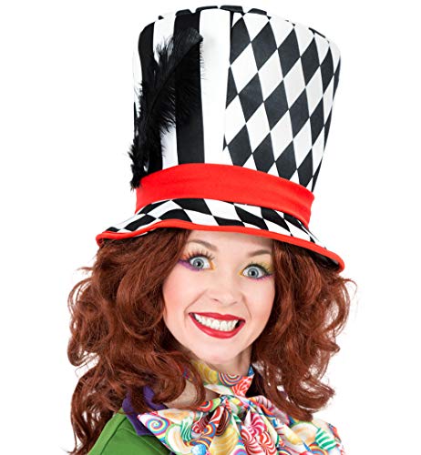 KarnevalsTeufel Zylinder Hutmacher Mütze in schwarz weiß und rot mit Feder verrückt auffällig Verschiedene Muster von KarnevalsTeufel.de