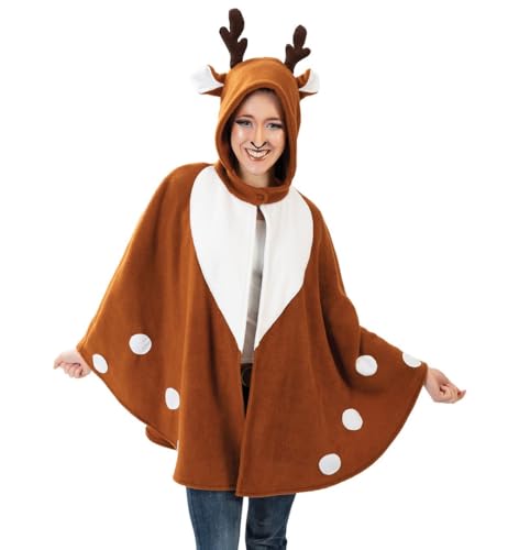 KarnevalsTeufel.de Reh-Cape für Erwachsene – Zweifarbiges Kostüm mit Kapuze mit Geweih und Ohren, Rehlein Poncho Einheitsgröße von KarnevalsTeufel.de
