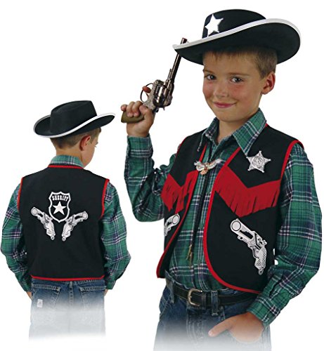Weste Cowboy schwarz mit roten Fransen Karneval Wilder Westen Sheriff Revolver-motive in weiß Sheriffstern (Gr. 140) von KarnevalsTeufel.de