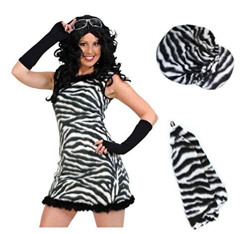 KarnevalsTeufel Damenkostüm - Set "Zebra", 3-tlg. Kleid, Mütze und Handschuhe | Größen 36-42 | Plüsch, Tierkostüm, Karneval, Mottoparty (38) von KarnevalsTeufel.de