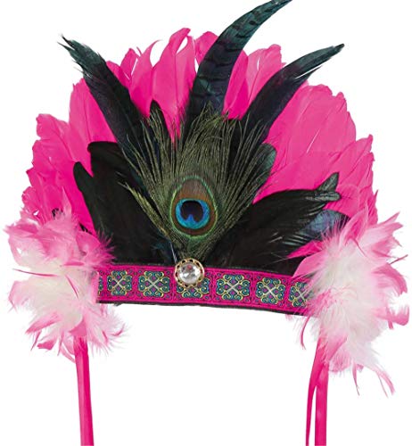 KarnevalsTeufel Feder-Kopfschmuck in pink mit Borte und Schmuckstein Indianer Kopfbedeckung mit Pfauenfeder Inka Maya von KarnevalsTeufel.de