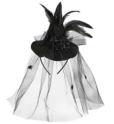 KarnevalsTeufel Haarreif Hexe edel in schwarz mit Netzhaube Federn und Spinnen von KarnevalsTeufel.de