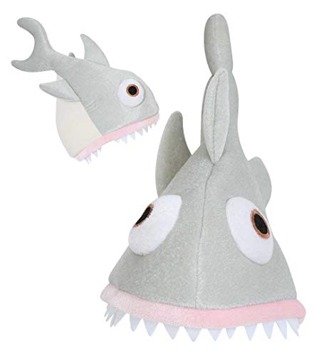 KarnevalsTeufel Hai-Hut in grau-weiß Mütze in Haifisch-Form mit Augen Zähnen und Flossen Raubfisch weißer Hai von KarnevalsTeufel.de