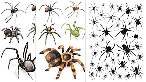 KarnevalsTeufel Hautaufkleber Spinnen Spider Tattoos Gruseldeko Horror Sticker Abziehbilder Klebe-Tattoos 3 Bögen Versch. Motive von KarnevalsTeufel