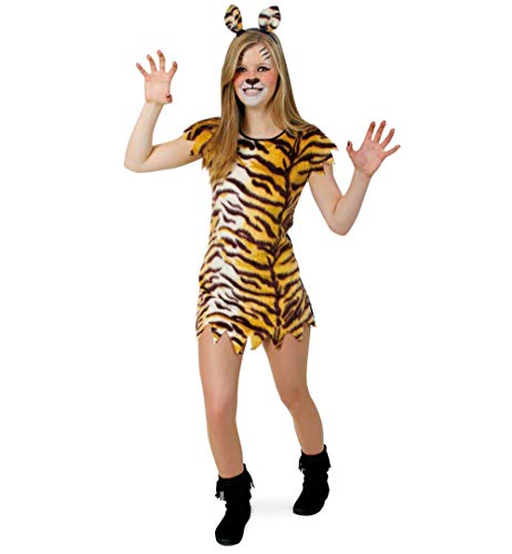 KarnevalsTeufel.de Kinderkostüm Little Tisha Kleid im braun weißen Tigermuster kurz für Mädchen oberschenkel-lang T-shirt-Ärmel Natur Tierkostüme wild Bestie (Gr.140) von KarnevalsTeufel.de