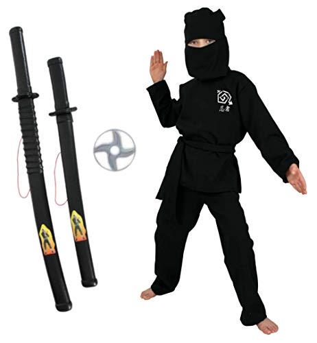 KarnevalsTeufel Kinderkostüm-Set Ninja 4-teilig Kostüm in schwarz, rot oder grün mit Wurfscheibe und 2 Spielzeug-Schwertern in schwarz (Schwarz, 140) von KarnevalsTeufel.de