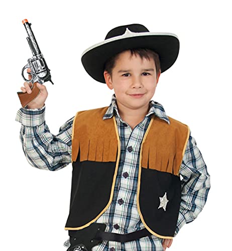 KarnevalsTeufel Kinderkostüm-Set Sheriff, 3-tlg. Weste, Cowboyhut und Spielzeug-Revolver | Größen 104-164 | Cowboy, Wilder Westen, Karneval (152) von KarnevalsTeufel.de