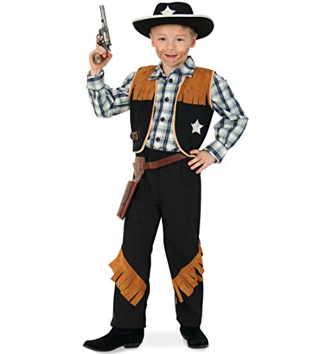 KarnevalsTeufel Kinderkostüm-Set Sheriff, 5-tlg. Weste, Hose, Cowboyhut, Revolvergürtel und Spielzeug-Revolver | Größen 104-152 | Cowboy, Wilder Westen, Karneval (104) von KarnevalsTeufel.de