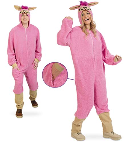 KarnevalsTeufel.de Kostüm Lama für Erwachsene lustiges Tierkostüm in pink Plüsch-Overall mit Kapuze von KarnevalsTeufel.de