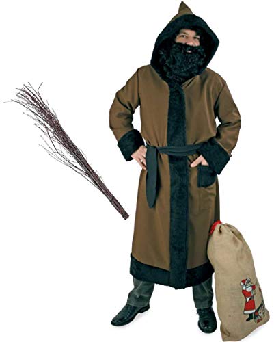 KarnevalsTeufel Set Knecht Ruprecht, 4 tlg. Mantel mit Kapuze & Kordel, Perücke und Bart, Rute und Jute Sack, Krampus, Beelzebub, Gehilfe vom Nikolaus, Weihnachten von KarnevalsTeufel.de