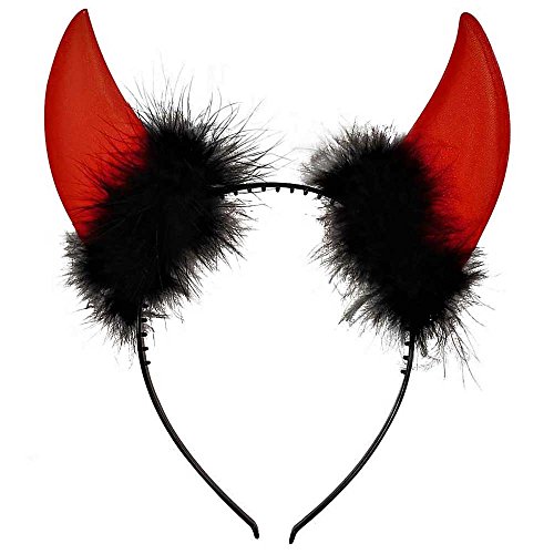 KarnevalsTeufel Teufelshörner mit künstlichen Marabufedern, rot-schwarz, Haarreif mit Plüsch, Devil, Satan, Teufelin, Hölle, Halloween von KarnevalsTeufel.de