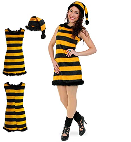 Karnevalsparty Damenkostüm Honey in gelb-schwarz gestreift kurzes Kleid mit Mütze im Zipfelmützen-Stil Plüschkostüm weich warm kuschelig Honig-Biene Honey (36) von Karnevalsparty