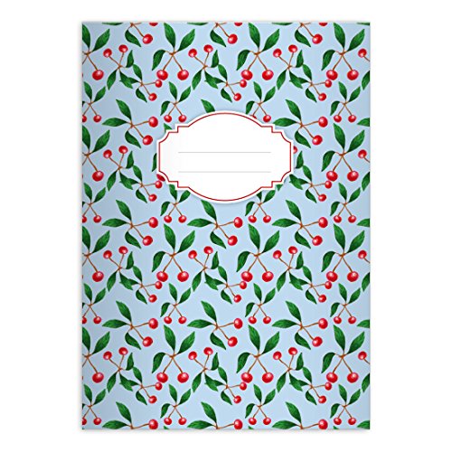 2 Leckere Sommer Retro DIN A5 Schulhefte, Schreibhefte mit Kirschen auf hellblau Lineatur 9 (liniertes Heft) von Kartenkaufrausch