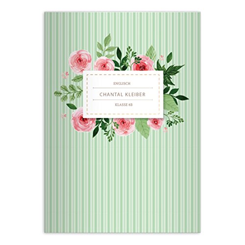 Kartenkaufrausch 2 personalisierte, Romantische Vintage DIN A5 Schulhefte, Schreibhefte mit Rosen auf Streifen in grün Lineatur 4 (liniertes Heft) von Kartenkaufrausch
