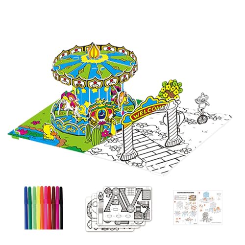Kasmole Malpuzzles für Kinder, 3D-Malpuzzle, Karton 3D Graffiti Puzzle Vergnügungspark-Thema, DIY-Kunstbedarf, innovatives interaktives Frühentwicklungsspielzeug für Jungen, Mädchen, Kinder im Alter von Kasmole
