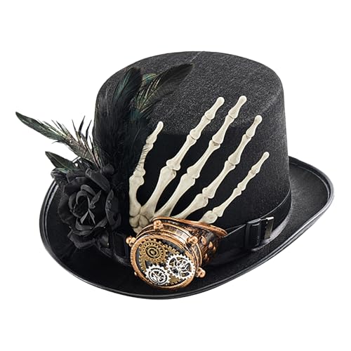 Kasmole Steampunk Zylinderhut - Gotische Kappen,Skeletthand Steampunk Zylinderhut Damen Halloween Kostüm Cosplay Fest Accessoire von Kasmole