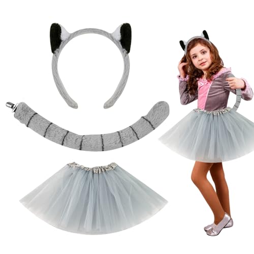Tierohren Kopfband - Lemur Ohren und Schwanz Set,Kostümzubehör Für Feste Karneval Halloween Bühnenauftritte Kinderfasching Veranstaltungen Partys von Kasmole