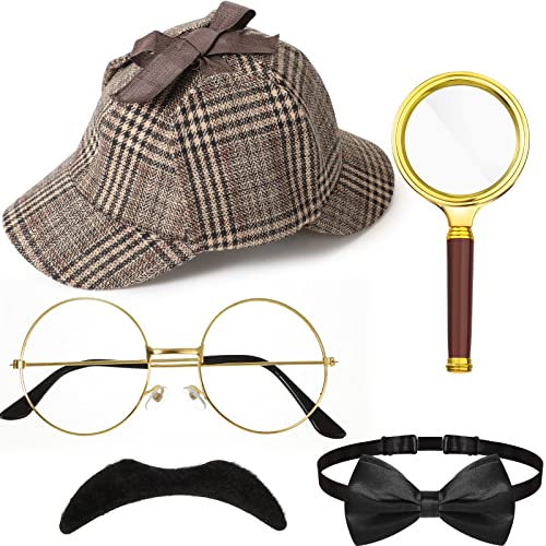 6-teiliges Detektiv-Kostüm-Zubehör-Set mit Detektiv-Hut, Pfeife, Lupe, Fliege, gefälschte Schnurrbart, linsenlose Brille für Rollenspiele, Detektiv, Cosplay-Requisite 6-teiliges Detektiv-Kostüm-Zubehör-Set mit Detektiv-Hut, Pfeife, Lupe, Fliege, gefälschte Schnurrbart, linsenlose Brille für Rollenspiele, Detektiv, Cosplay-Requisite von Kasyat