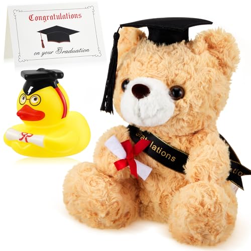 Kasyat Abschluss Geschenk Set inklusive Abschluss Plüschbär mit Schwarzem Hut Congrats Grad Gummiente Glückwunschkarte für die Klasse von 2025 Absolvent Geschenk(Hellbraun) von Kasyat